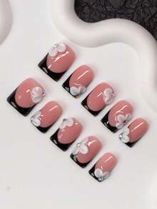 10pcs Square Shaped Handmade Nail Tips, Y2K Baddie Style, Nude & Black Color With French Tips & Carved Designs, Suitable For Women & Girls, Includes Tools, Great Gift For Parties, Occasions, Daily Wear Nails Nail Supplies Handmade Press On Nails - Multicolor - View 3