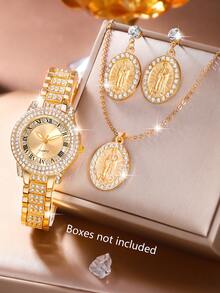 1 Bộ đồng hồ nữ sang trọng đính đá Rhinestone toàn bộ mặt số La Mã thạch anh và mặt dây chuyền hình Đức Mẹ Guadalupe, bộ trang sức hoa tai phù hợp để đeo hàng ngày, mùa tựu trường, mùa tốt nghiệp, lễ Tạ ơn, các cặp đôi, quà tặng tuyệt vời nhất (không bao gồm hộp đựng đồng hồ) - Vàng - Xem 2