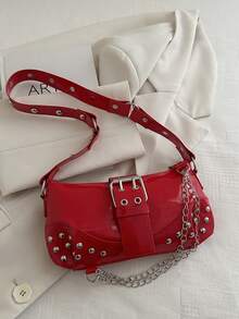 Modische lackierte Leder Minimalistische Ketten Dekor Umhängetasche