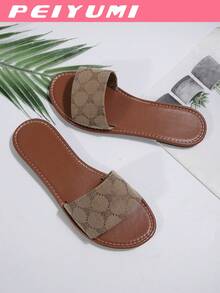 PEIYUMI 女士舒适面料可爱优雅图案圆头平底休闲凉鞋，百搭度假风格，适合春夏季 - 巧克力棕 - 查看 6