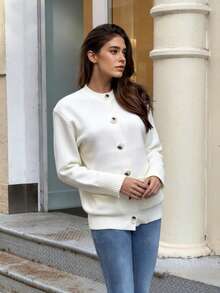 Women's Solid Color Round Neck Flared Sleeve Cinched Waist Knit Cardigan - White - View 5
