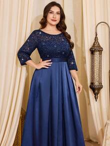 亮片花卉蕾丝撞色缎面褶裥下摆晚宴长裙，优雅正式舞会婚礼宾客礼服，适合毕业典礼、晚宴、生日等春季场合。 - 藏蓝色 - 查看 8