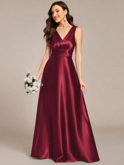 EVERPRETTY Elegant V-Neck Sleeveless Satin Long Vintage Burgundy Bridesmaid Dress, Suitable For Semi-Formal Parties, Weddings, Cocktail Events