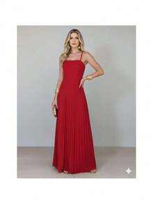 Women's Long Pleated Dress With Thin Straps And Tie Back - Perfect For Weddings, Graduations, Parties, And Christmas - 紅色 - 查看 1