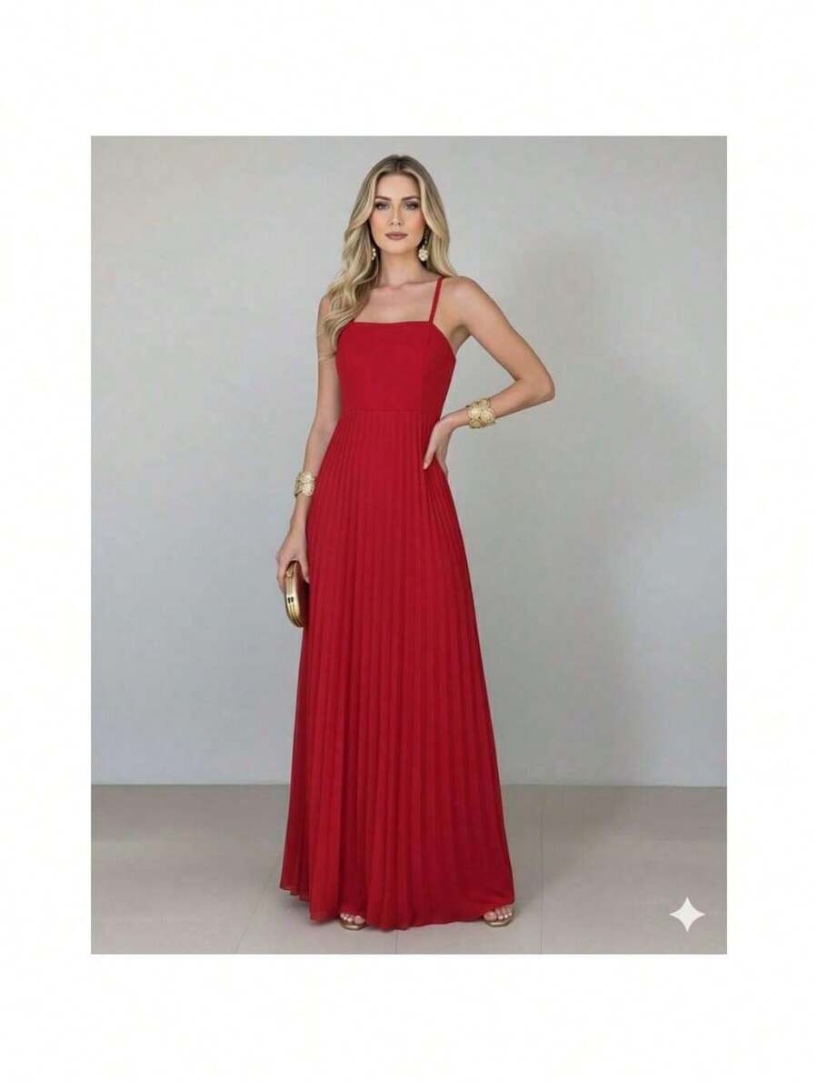 Women's Long Pleated Dress With Thin Straps And Tie Back - Perfect For Weddings, Graduations, Parties, And Christmas - 紅色 - 查看 1