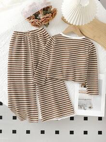 2pcs/Set Girls' Striped Sweatshirt Jacket & Sweatshirt Top With Wide Leg Pants Outfit, Long Sleeve Sweatshirt Sweatshirt + Loose Fit Wide Leg Pants, Casual Wear For Spring/Autumn - Khaki - View 2