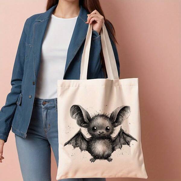 1 Cute Bat Illustration Canvas Tote Bag - Reusable Shopping Bag (1 X 15.8inch Cm), Fashionable For Daily Shopping, Commuting, Beach Travel, Shopping Bag, Reusable Women's Storage Bag, Animal Lover's Gift