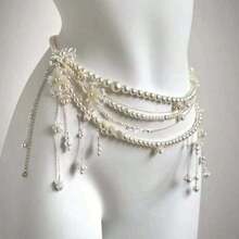 1 Piece Of Fairy Waist Chain, Layered Tassel Flowers Pearl Belt, Niche Design Waist Decoration, Light Luxury Jewelry, Women's Party Banquet Holiday, Valentine's Day Idea, Versatile Body Chain, Elegant Statement Accessory - 花式 - 查看 2