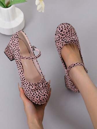 Dual Bow Contrast Color High Heel Shoes, Cargo Style Style Fabric Bow Buckle Gold Foil Print Party Shoes, Polka Dot Contrast Color Thick Bottom Edging Comfortable Latex Padded Heel, Suitable For Various Occasions