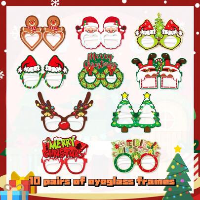 10PCS Christmas Decorative Glasses With Santa Gingerbread Reindeer Design Photo Booth Wearables For Joyful Family Gathering & Holiday Gift