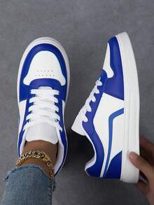 女士休闲运动鞋，时尚小白鞋，街头风格滑板鞋，轻便 - 藍白色 - 查看 2