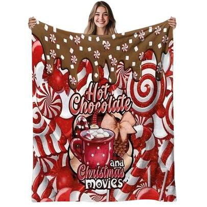 1pc Hot Chocolate & Candy Flannel Blanket - Soft Warm 280gsm All-Season Cozy Throw With Festive Candy Canes, Chocolate Drips & Hot Cocoa Print - Red & White Christmas Halloween Fall Decor For Bed, Sofa, Living Room - Machine Washable Contemporary Bedspread