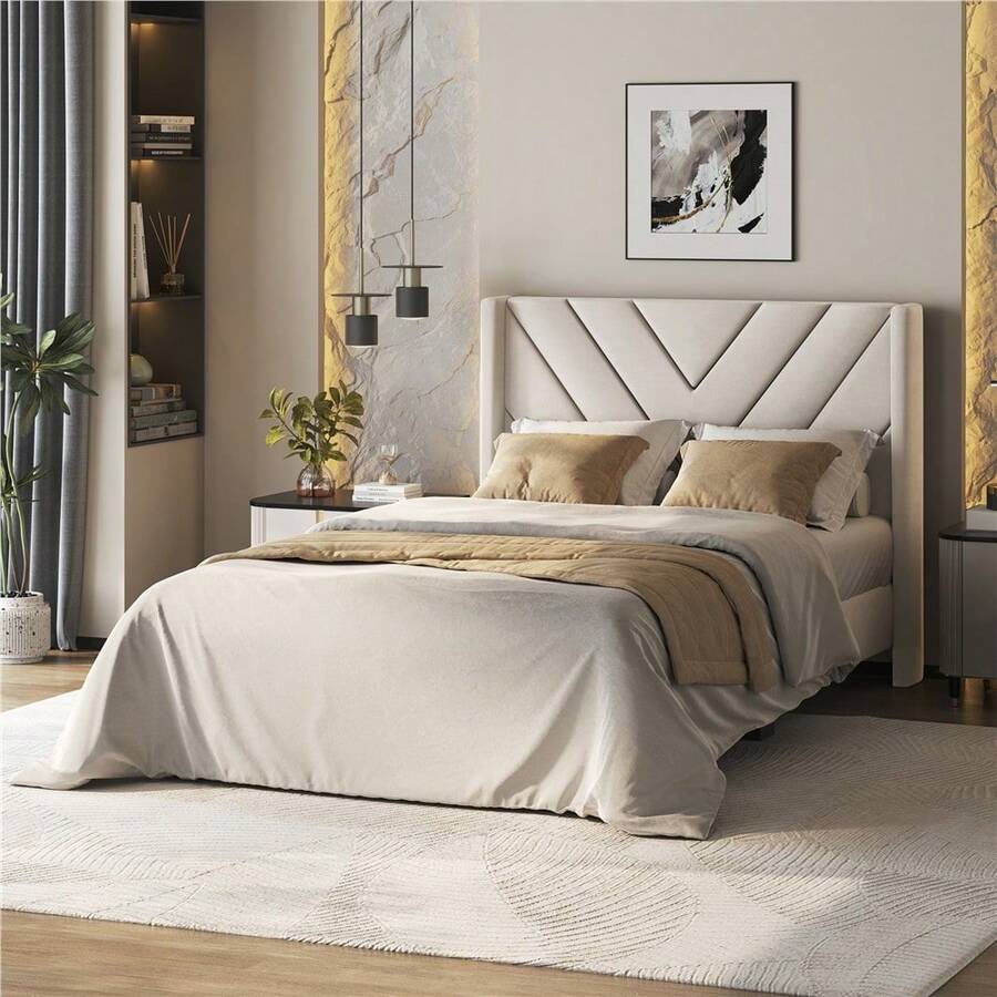 Butterslay 1PC Upholstered Bed Frame With Wing Side And Wooden Slat Support, Room Furniture, No Box Spring Needed, Twin/Full/Queen Size - Beige - View 1