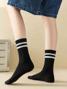3pairs Black/White/Grey Solid Colored Double Stripe Unisex Mid-Calf Socks For Outdoor Activities Mid-Calf Casual Socks Unisex Winter Socks Thick Socks High Socks