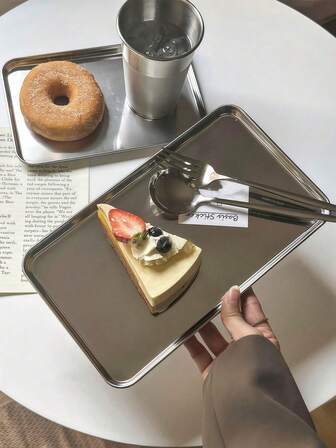 1 pieza Bandeja de acero inoxidable para aperitivos, hamburguesas, cócteles, pasteles, platos metálicos, postres, bandejas de té de la tarde rectangulares, cafeterías, rincones de café y reuniones en el patio