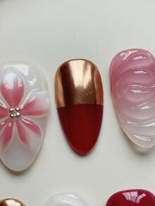 10 pièces Ongles courts en amande faits main pour l'automne/l'hiver, ongles léopard dégradé rose-blanc avec French manucure, ongles avec art peint à la main de motif écaille de tortue et floral, relief 3D en goutte et accent de perle dorée, set d'ongles amovibles et réutilisables (incluant colle à ongles et lime) - & Ongles de Noël mignons - Fête et Mariage - Multicolore - Voir 4