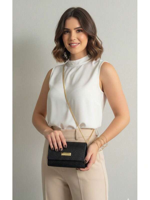 Bolsa Feminina Quadrada de Mão ou Ombro Festa Glitter Carteira Feminina Moderna Bag Bloguerinha Moda Feminina Alça Transversal Corrente Dourada