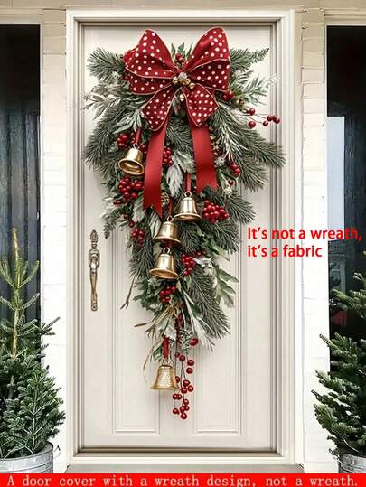 1 pieza Bandera de entrada de Navidad, con campanas doradas y patrón de cinta roja, cortina de puerta de poliéster, tamaño 180 x 90 cm, adecuada para decoración navideña en la puerta principal, bandera de fiesta para decoración de celebración. Este es un producto de tela, no una corona.