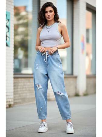 Jeans Holgado con Cordón y resorte en la Cintura