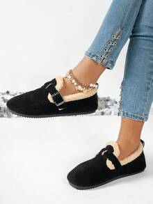 Women's Flat Plush Slip-On Shoes, Soft & Comfortable Round Toe Casual Flats, Lightweight Daily Shoes, Suitable For Halloween, Mother's Day, Autumn/Winter Warm New Styles,Fur Shoes - Black Cloth - View 5