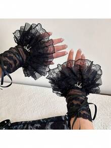 Women's Lace Gloves And Leg Warmers - Geometric Floral Sheer Mesh Design, Ruffled And Ribbon Embellishments, Y2K Party Photo Theme Event Fashion Accessories - 絲絨黑 - 查看 7
