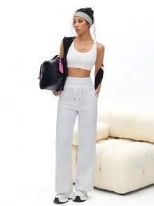 Pantalones casuales de cintura alta y pierna ancha (con bolsillos laterales) para mujer, estilo casual de todos los días - Gris - Ver 5