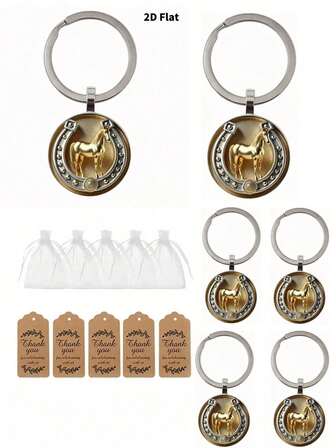9pcs/3 Sets Of 2D Flat Golden Horse Keychain Sets (Including 3 Keychains, 3 Cards And 3 Bags) Exquisite Gift Golden Horse And Horseshoe Pattern Keychain, Perfect Gift For Family And Friends, Suitable For Thanksgiving, Valentine's Day, Corporate Events, Party Gifts, Pendant Accessories, Birthday Holiday Party, Housewarming, Baptism, Wedding Supplies