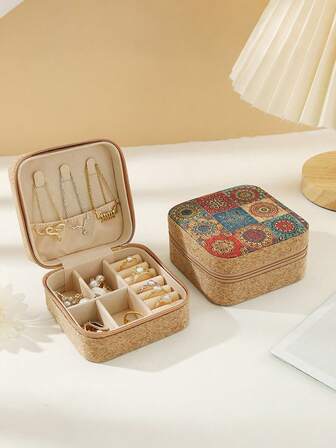 1 st vintage bohemiskt smyckeskrin i konstläder - dragkedja, djurtema sliten finish, tygfoder för reseförvaring på bord, multifunktionell örhänges-, ring- och halsbandsorganisatör, litet smyckeskrin, bohemiskt mönster, design med flera fack