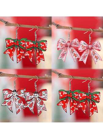 A Pair Of Christmas Bow Earrings With A Feminine Design, Featuring A Festive Atmosphere. Includes A Snowman Acrylic Pendant.