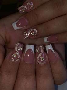 24pcs/Set Acrylic Press-On Nails, Heart Pattern, Black French, Rhinestone Pink Bow Design, Coffin Shape, Perfectly Fit False Nails, Includes 1pc Jelly Gel And 1pc Nail File, French Manicure, Suitable For Women And Girls, Daily And Party Nail Accessories - 多色 5 - 查看 8