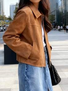 Women Brown Short Bomber Jacket Warm Zip Up Casual Fall Winter Coat - 卡其色 - 查看 5