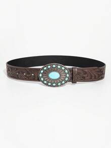 1pc Vintage Blue Agate Round Buckle Retro Coffee Floral Pattern PU Leather Belt - Blue Agate Brown - View 3