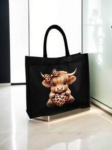 Highland Cow Printed Black Linen Handbag,Cute Bow Love Leopard Design Highland Cow Pattern, Large Capacity Cosmetic Bag With Hand Rope,Christmas Gift,Women's Linen Large Capacity Tote Bag,Tote Bag And Makeup Pouch Set - Multicolor - View 5