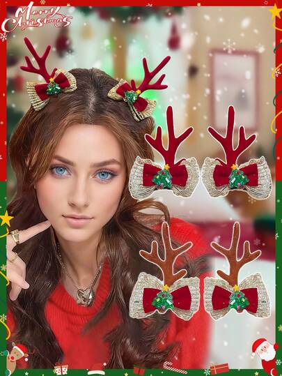 2pcs Women's Christmas Bow Antler Hair Clips, Sweet & Cute Style, Female Hair Accessories, Christmas Costume Decor, Suitable For Holiday Parties, Christmas Gifts, Winter Women's Accessories, Hair Slide, Hair Barrettes