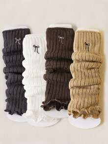 2/4/6 Pairs Women Bow Striped Lace Simple Warm Thigh High Leg Warmers, Collegiate Style Versatile Knee,High Leg Warmers, Autumn/Winter/Spring, Cozy