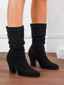 粗跟休闲靴圆头绒面革修身高筒靴女式，新款秋冬中筒马靴，带毛皮 - 黑色 - 查看 2