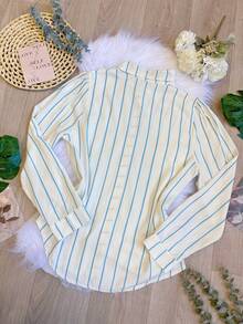 Women's Striped Button-Down Shirt, Casual, SP028 - Màu xanh lam - Xem 4