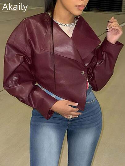 Akaily Fall Outfits For Women Street Solid Color Slim Fit PU Leather Coat Long Sleeve Coat Waterfall Western Wear Women