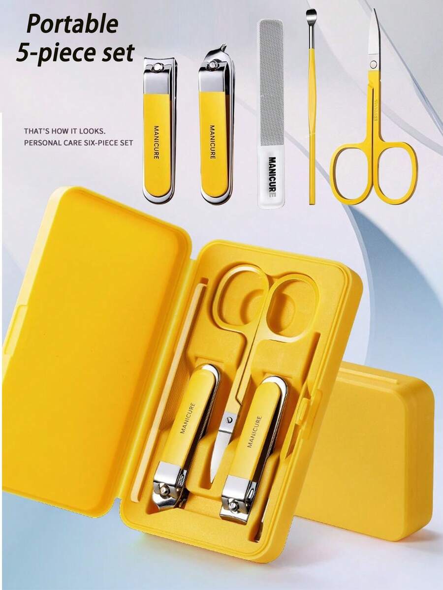 6pcs Portable Nail Clipper Set, Available In Yellow, Green, White, Convenient Nail Care Tools