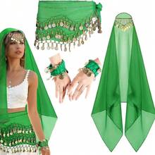 4 件套肚皮舞套装肚皮舞雪纺臀巾、头巾腕带舞蹈配饰带金币 - 彩色 - 查看 10