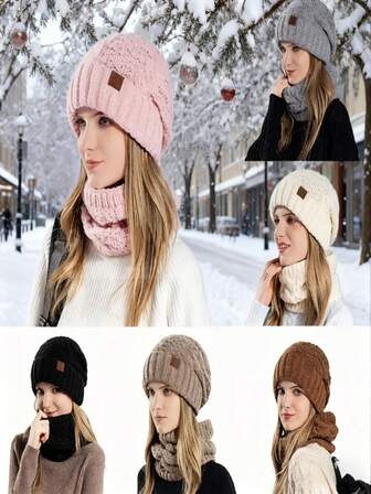 冬季针织帽围巾套装，男女通用防寒保暖针织帽带护耳，适合男女（卡其色/粉色/灰色/白色/黑色）