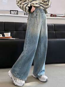 少女休闲水洗渐变铆钉阔腿牛仔裤 - 藍色 - 查看 5