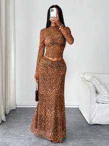 Conjunto de blusa de manga larga con cuello plisado semitransparente y estampado de leopardo, y falda a juego, estilo casual - Óxido marrón - Ver 10