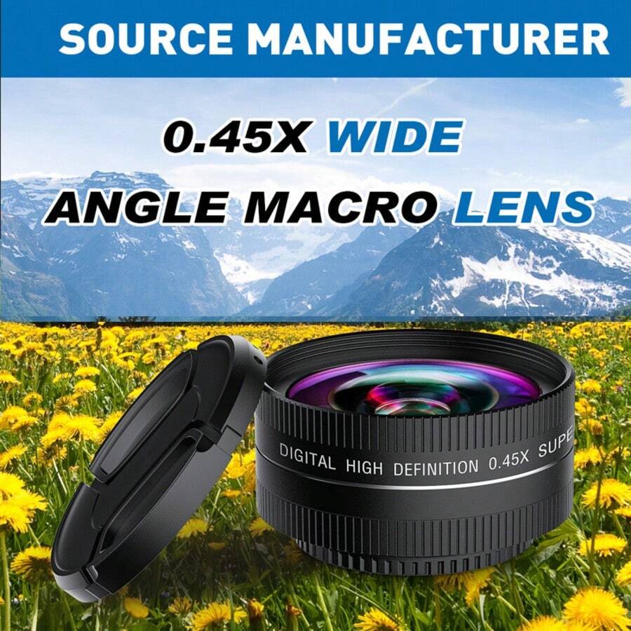 Lente de conversión gran angular y macro 2 en 1 de 52 mm, lente telefoto de vidrio óptico profesional, compatible con cámaras Canon, Nikon, con montura de 52 mm - Negro - Ver 1