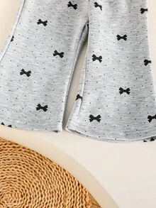 2 件女婴可爱蝴蝶结印花雪纺长袖上衣和休闲裤套装，时尚甜美