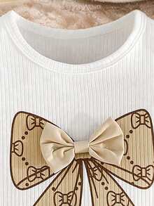 Conjunto de blusa de manga corta con decoración de lazo y falda para niña preadolescente - Caqui - Ver 3