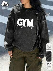 Women's Autumn And Winter Retro Letter Printing Casual Simple Retro Street Daily Comfortable Long Sleeve Thermal Lined Washed Round Neck Sweatshirt