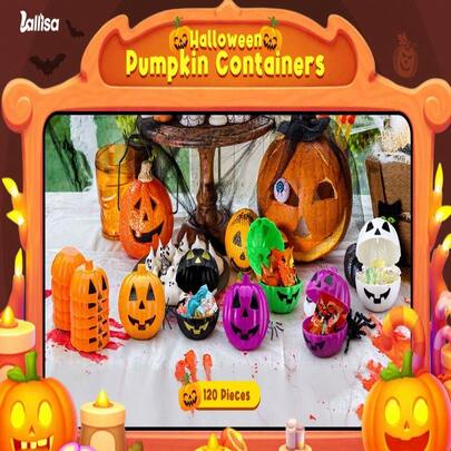 120 Count Halloween Pumpkin Containers Plastic Storage Box Case Bulk, Mini Pumpkin Egg Candy  Bucket For Halloween Trick  Decoration Party Supplies(Orange)