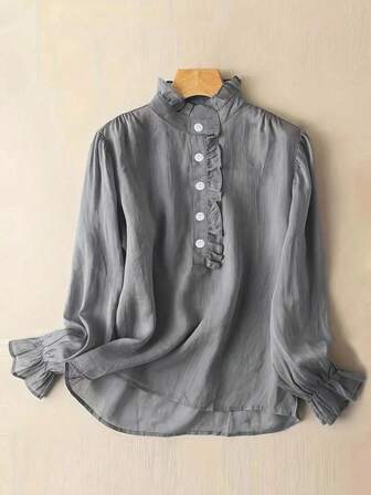 Women's Vacation Casual Solid Color Stand Collar Ruffle Sleeve Blouse