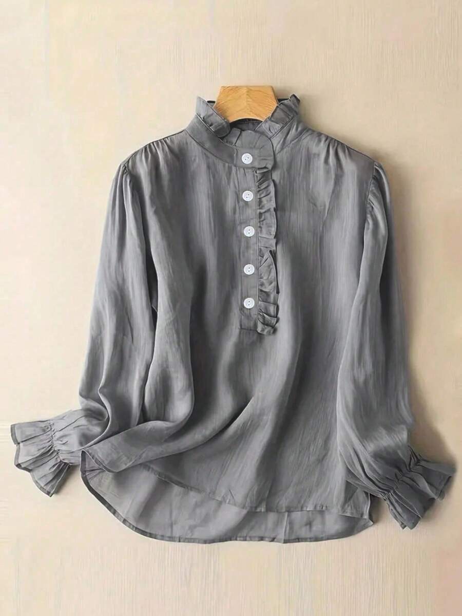 Women's Vacation Casual Solid Color Stand Collar Ruffle Sleeve Blouse - Grey - View 1